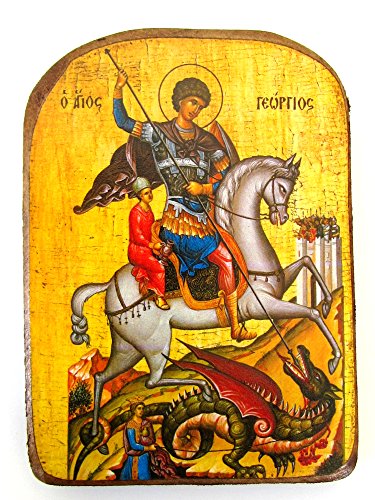 Griechisch-christlich-orthodoxe Holz-Ikone des Heiligen Georgs reitet sein Pferd und das Biest töten / MP2 von IconsGr