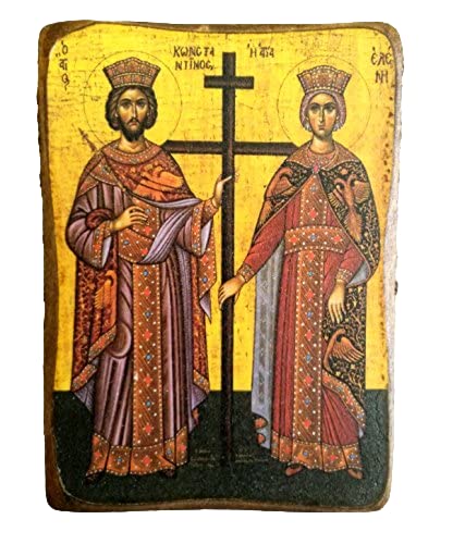 Griechisch-christlich-orthodoxe Holz-Ikone des Heiligen Konstantin und Helen, A0 von IconsGr
