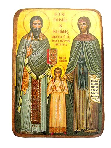 Griechisch-christlich-orthodoxe Holz-Ikone des Heiligen Raphael, Nikolaus und Irene, A0 von IconsGr