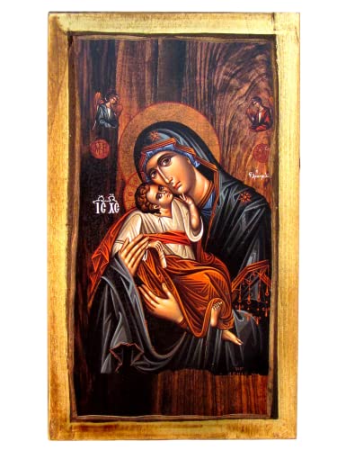 H2 Handgefertigte christliche, griechisch-orthodoxe Ikone mit der Hl. Jungfrau Maria und Jesus Christus, aus Holz von IconsGr
