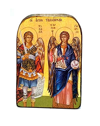Handgefertigte Ikone aus Holz, im griechisch-christlich-orthodoxen Glauben, Motiv: Berg Athos mit Erzengeln Michael und Gabriel von IconsGr