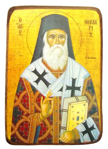 Holz Griechisch Christian Orthodoxe Holz Icon von Saint nektarios von der Insel Ägina /A0 von IconsGr