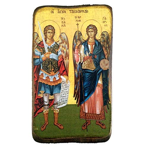 Holzikone des Erzengels Michael und Gabriel, griechisch-orthodoxe Holzikone A0 von IconsGr