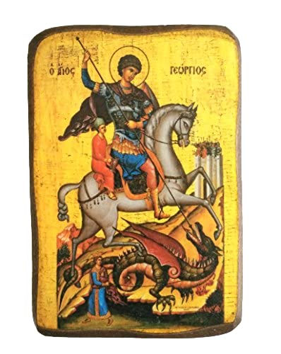 Holz-Ikone des Heiligen Georgs, der mit seinem Pferd reitet und das Biest erlegt, griechisch-christlich-orthodoxe Holz-Ikone A0 von IconsGr