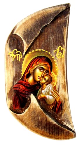 IconsGr griechisch-christlich-orthodoxe Holz-Ikone der Jungfrau Maria und Jesus Christus, handgeschnitzt, 15,5 x 8 cm von IconsGr