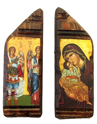 Set mit 2 Magneten aus Holz, griechisch-orthodoxe Ikone der Jungfrau Maria und Erzengel Michael & Gabriel / A7 von IconsGr