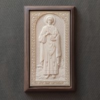 Der Große Märtyrer Panteleimon. Geschnitzte Hölzerne Ikone Handarbeit. Pantoleon. Rhodiniert. Katholisch. Religiöses Geschenk von IconsMadeWithLove