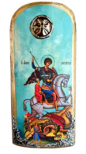 Griechisch-christlich-orthodoxe Holz-Ikone des Heiligen Georgs reitet sein Pferd und das Biest töten / K30 von Iconsgr