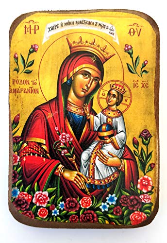 Handgefertigtes Holz Griechisch-christlich-orthodoxe Ikone der Jungfrau Maria der unverwelkten Rose / A0 von Iconsgr