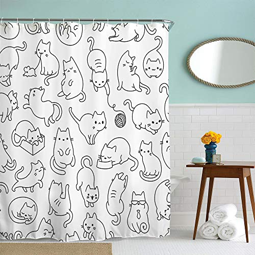 IcosaMro Katzen-Duschvorhang für Badezimmer mit Haken, schwarz und weiß, niedlicher Cartoon, bunte Kätzchen, lustig, dekorativer langer Stoffstoff, Duschvorhang, 180 x 183 cm von IcosaMro