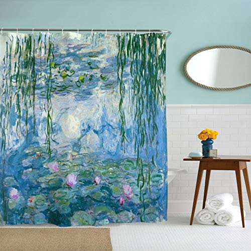 IcosaMro Lotus Duschvorhang für Badezimmer mit Haken, Aquarell-Monet Seerosen Blume, dekorativer langer Stoff-Duschvorhang, blau, 180 x 182 cm von IcosaMro