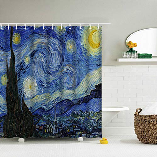 IcosaMro Starry Night Shower Curtain for Bathroom with Hooks, Van Gogh Stars Art Decorative Long Cloth Fabric Shower Curtain Bath Decorations - 71Wx72L, Blue von IcosaMro