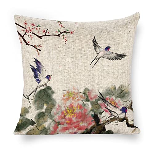 Leinen-Kissenbezug, Pfingstrosen, Pfirsichblüte, Schwalbe, 45,7 x 45,7 cm, doppelseitig, dekorativer Kissenbezug für Sofa, Bett, Stuhl, Auto von Icotoibabie