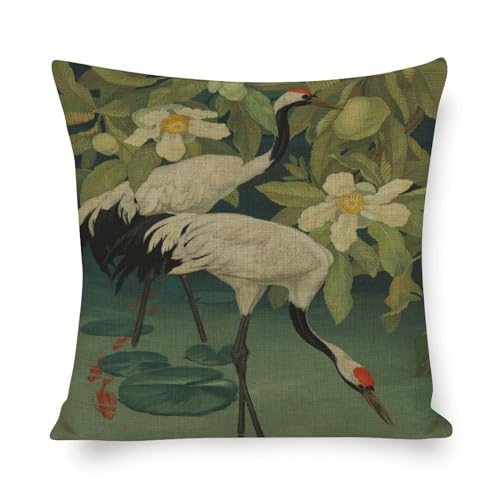 Leinen-Kissenbezug mit roten Kranichen, doppelseitig, mit Reißverschluss, weiche Dekoration, für Couch, Sofa, Bett, Outdoor, 45,7 x 45,7 cm von Icotoibabie
