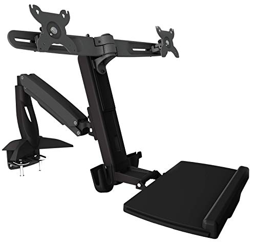 ICY BOX Sit-Stand Workstation mit Tischbefestigung, 2-fach Monitorhalterung und Ablage für Tastatur und Maus, Stahl, Schwarz von ICY BOX