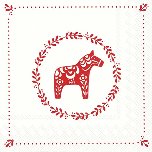 IHR - L 754991 - Papierservietten, Lunchservietten, 20 Stück, Weihnachten, Dalarna Pferd, weiß, 33cm x 33cm, 3 lagig von Ideal Home Range