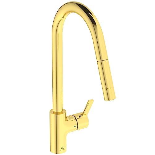 Ideal Standard BD416A2 Gusto Küchenarmatur runder Auslauf mit 2-Funktionsbrause, Ausladung 241mm, Gold (Brushed Gold) von Ideal Standard