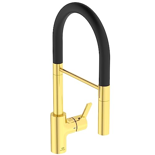Ideal Standard – Gusto Küchenarmatur, Semi-Professional, mit 2-Funktionshandbrause an Silikonschlauch, Schwenkbereich 360°, 6,1 l/min, Schnellmontagesystem EasyFix+, Brushed Gold von Ideal Standard