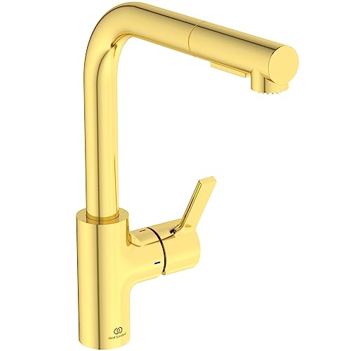 Ideal Standard BD420A2 Gusto Küchenarmatur L-Auslauf mit 2-Funktionsbrause, Ausladung 235mm, Gold (Brushed Gold) von Ideal Standard