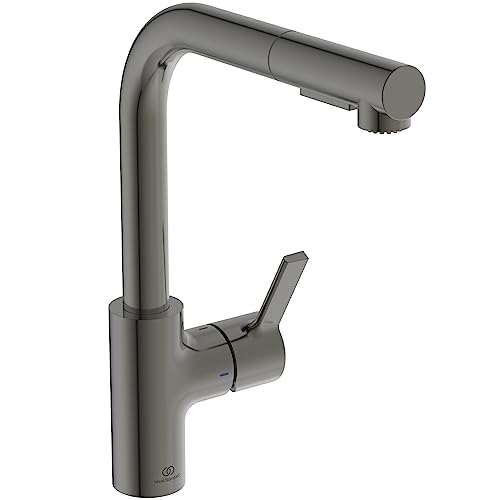 Ideal Standard – Gusto Küchenarmatur, Hoher L-Auslauf mit zylindrischem Querschnitt, mit 2-Funktionshandbrause, Schwenkbereich 360°, Schnellmontagesystem EasyFix+, Magnetic Grey von Ideal Standard