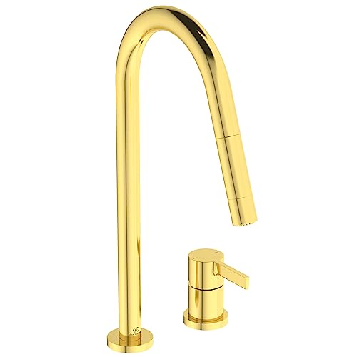 Ideal Standard – Gusto 2-Loch Küchenarmatur, Hoher Auslauf mit zylindrischem Querschnitt, mit 2-Funktionshandbrause, Schwenkbereich 360°, Schaftverschraubung von unten, Brushed Gold von Ideal Standard