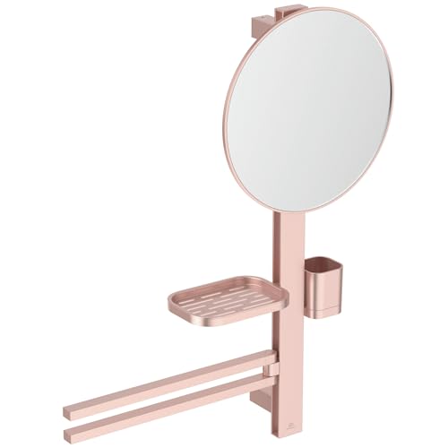 Ideal Standard BD588RO Alu+ Beauty Bar, Accessoires Kombination M700, mit Spiegel Ø 33 cm, doppelter Handtuchhalter, Ablage und Becher, Rosé von Ideal Standard