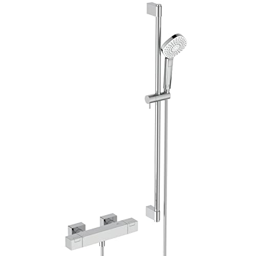 Ideal Standard Brausekombination Ceratherm C100 Square mit Brausethermostat, Brausestange 90cm, Diamond-Handbrause mit 3 Strahlarten, Brauseschlauch 175cm, Chrom von Ideal Standard