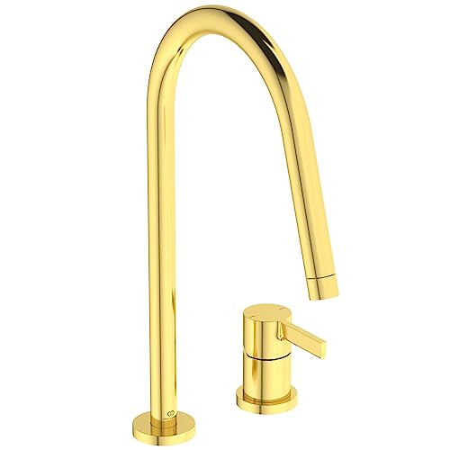 Ideal Standard – Gusto 2-Loch Küchenarmatur, Hoher Auslauf mit zylindrischem Querschnitt, mit FirmaFlow Kartusche, Schwenkbereich 360°, Schaftverschraubung von unten, Brushed Gold von Ideal Standard