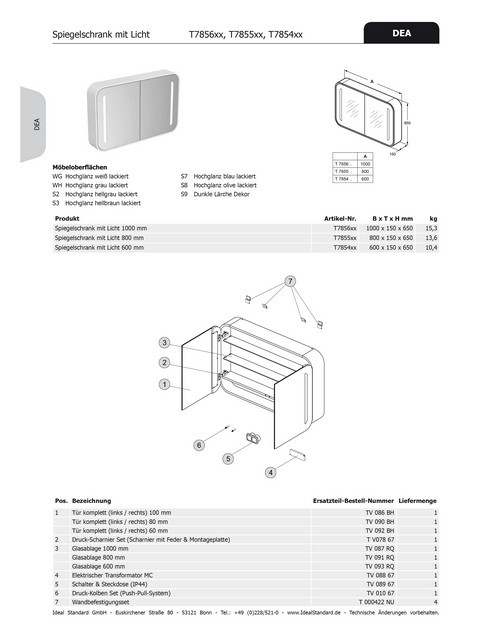 Ideal Standard Spiegeltür DEA, für Spiegel b:1000mm, TV086BH Anschlag links-rechts TV086BH von Ideal Standard