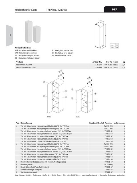 Ideal Standard Tür für Halbhochschrank DEA, TV081S2 mit Scharnier, Hochglanz hellgrau lackiert TV081S2 von Ideal Standard