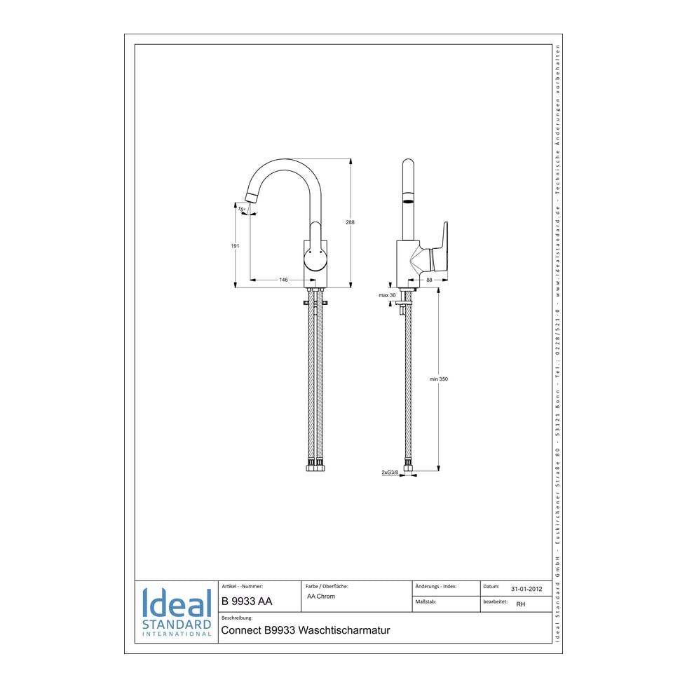 Ideal Standard Waschtisch-Armatur Connect Blue, ohne Ablgarn., mit hohem Ausl., Ausld. 146mm, Chrom B9933AA von Ideal Standard