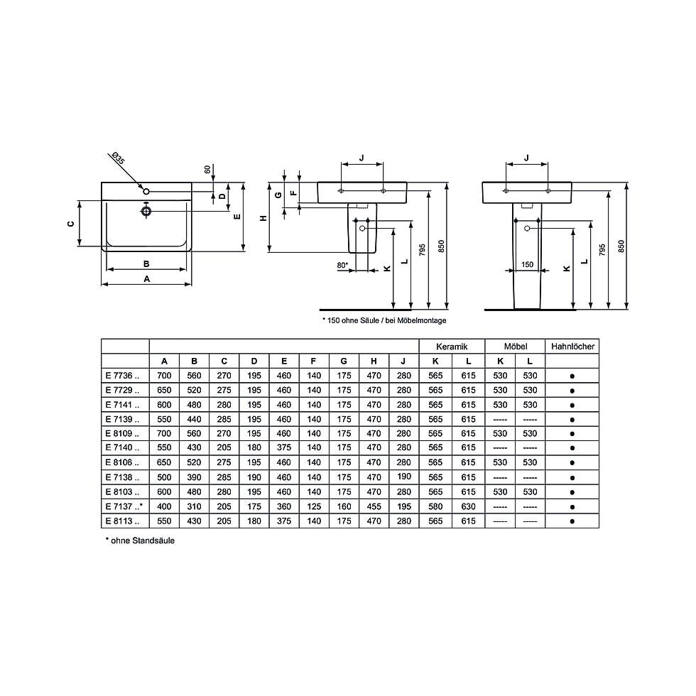 Ideal Standard Waschtisch Connect Cube, 1 Hahnloch mit Überlauf 550x460x175mm, Weiß E713901 von Ideal Standard