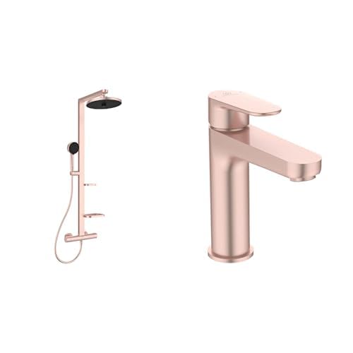 Set aus Ideal Standard BD583RO Alu+ Duschsystem mit Brausethermostat – Frei von Blei, Chrom & Nickel – Spa-Regendusche in Rosé + BD131RO Cerafine O Waschtischarmatur mit Push-Open-Ventil von Ideal Standard