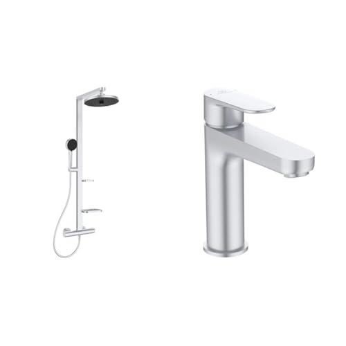 Set aus Ideal Standard BD583SI Alu+ Duschsystem mit Ceratherm Brausethermostat, Silber (Silver) + BD131SI Cerafine O Waschtischarmatur mit Push-Open-Ventil von Ideal Standard