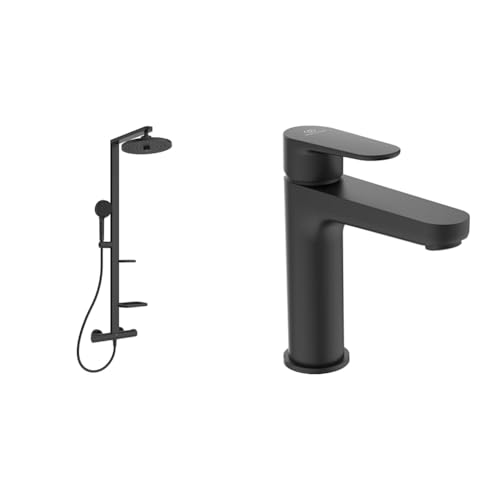 Set aus Ideal Standard BD583XG Alu+ Duschsystem mit Brausethermostat – Frei von Blei, Chrom & Nickel – Spa-Regendusche in Schwarz matt + BD131XG Cerafine O Waschtischarmatur mit Push-Open Ventil von Ideal Standard