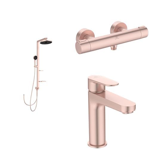 Set aus Ideal Standard BD585RO Alu+ Duschsystem, Rosé + BD582RO Alu+ Brausethermostat + BD131RO Cerafine O Waschtischarmatur mit Push-Open-Ventil von Ideal Standard