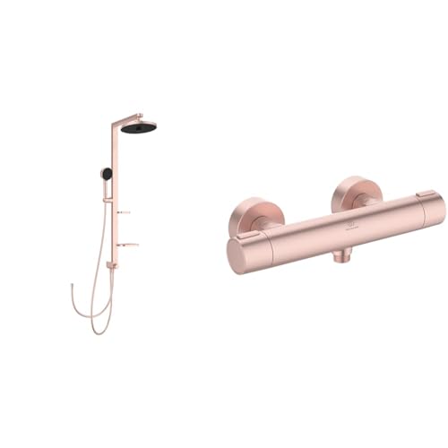 Set aus Ideal Standard BD585RO Alu+ Duschsystem mit 2 Ablagen, 2-Funktionshandbrause, 2-Funktionskopfbrause und Brauseschlauch 175cm, Rosé + BD582RO Alu+ Brausethermostat für Dusche von Ideal Standard