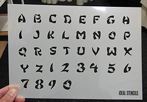 Japanisch Alphabet Schablone - Samurai Stil Buchstaben - A4 Blatt Größe - Farbe Jede Oberfläche - Hervorragend für Viele Kunst Handwerk Dekor Projekte - Wiederverwendbar Kunststoff - Perfekt Stempel von Ideal Stencils