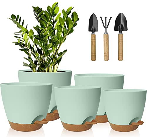 Kunststoff Blumentopf Mit Bewässerungssystem, 17.8/16.5/15.2/13.9/12.7cm Selbstbewässerung Übertopf Mit Untersetzer Rund Pflanzkübel Für Innen Und Balkon Garten Pflanzen Sukkulenten (Grünlich Braun) von Idealife