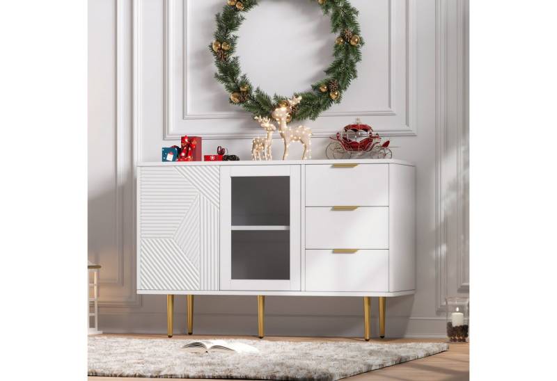 IDEASY Sideboard Anrichte,Kommode mit 3 Schubladen und 2 Türen (Anrichte,Kommode, Ein zusätzlicher Fuß in der Mitte ist stabiler), Maße: 120 x 38 x 79.5 cm, Gestreifte Schranktüren von Ideasy