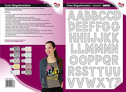 Ideen mit Herz Color Bügeltransfers, DIN A4, ABC, Alphabet | Buchstaben auf Transfer-Folien für Textilien wie T-Shirts & Taschen | Transfer-Bilder schnell & einfach aufbügeln | DIY Textildesign (grau) von Ideen mit Herz