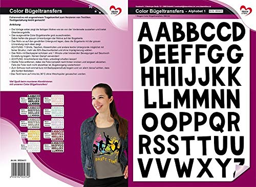 Ideen mit Herz Color Bügeltransfers, DIN A4, ABC, Alphabet | Buchstaben auf Transfer-Folien für Textilien wie T-Shirts & Taschen | Transfer-Bilder schnell & einfach aufbügeln | Textildesign (schwarz) von Ideen mit Herz