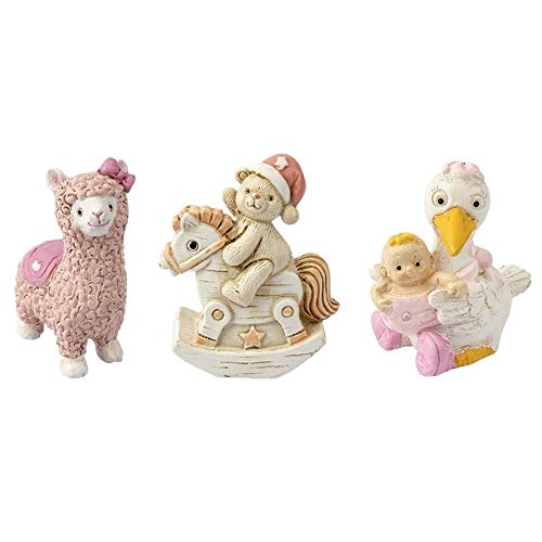 Ideen mit Herz Deko-Figuren zur Geburt | 3 Figuren | Je ca. 4-5 cm | Lama, Teddy mit Schaukelpferd, Storch | Tortendekoration | Tisch-Deko | Geschenk zur Geburt, Taufe, Baby-Party (Mädchen | rosa) von Ideen mit Herz