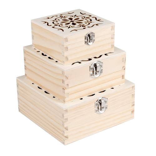Ideen mit Herz Dekorative Boxen aus Holz | Vintage | Holz-Kiste mit Ornament | Schatulle | DIY | Deko | Erinnerungsbox | Aufbewahrungs- und Ordnungsschachtel | quadratisch | 3 Größen | 3 Stück von Ideen mit Herz