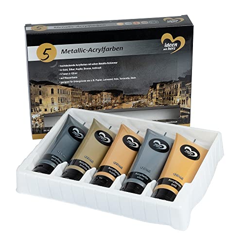 Ideen mit Herz Metallic Acrylfarben-Set | 5 Tuben à 120 ml | 5 Farben | gold, silber, kupfer, bronze & anthrazit | hochdeckend von Ideen mit Herz