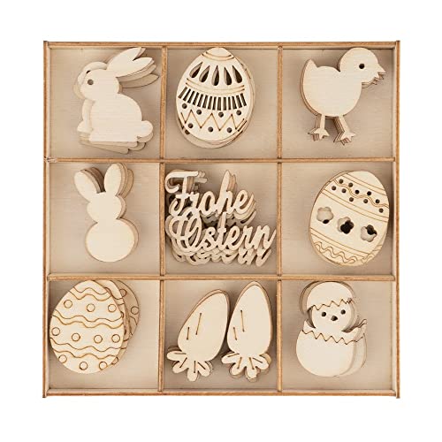 Ideen mit Herz Streu-Deko aus Holz | Frohe Ostern | Holz-Motive Frühling | Oster-Deko | Tisch-Deko | Inklusive Holz-Box | 9 versch. Designs, je 6 Stück | 54-teilig von Ideen mit Herz