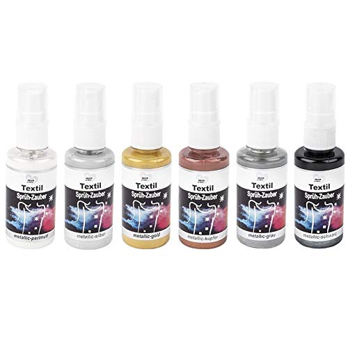 Ideen mit Herz Textil-Sprühfarbe Sprüh-Zauber metallic, 6x 50ml | hochpigmentiert | höchste Brillanz für Textilien | Auf Wasserbasis (Set 1 | perlmutt, silber, gold, kupfer, grau, schwarz) von Ideen mit Herz