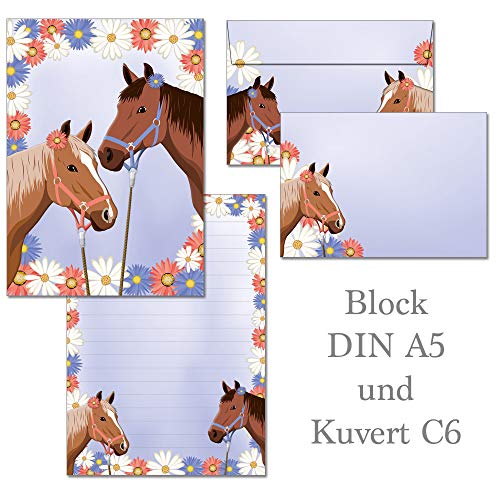 zwei Pferde - 1 Schreibblock DIN A5 mit Linien + 10 Briefumschläge DIN C6 von Ideenstadl
