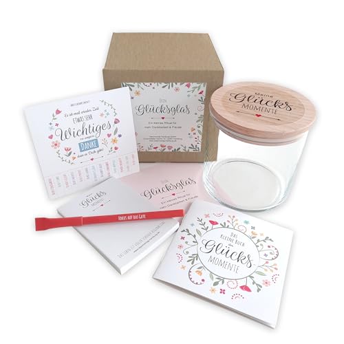 Gedankenglas "Glück" – Geschenkset für Glücksmomente | Glas mit Holzdeckel, Notizblock, Stift & Buch der Glücksmomente | Achtsamkeit & Dankbarkeit | Geschenkidee für Frauen, Freundin, Familie von Ideenverlag HAMBURG