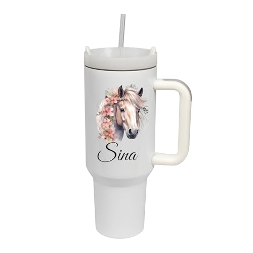 MiniGifts Großer Trinkbecher mit Strohhalm Personalisiert | 1200ml Thermobecher mit Deckel und Strohhalm | Trinkflasche Bedruckt mit Pferde-Motiv und Namen| Geschenkidee Ostern Erwachsene | Coffee von MiniGifts